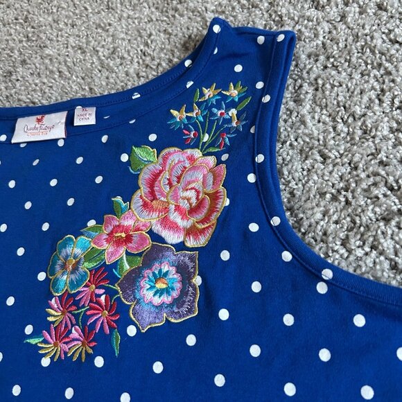 Quacker Factory Womens xl Blue Polka Dot Sleeveless Dress W/ Floral Embroidery - Picture 2 of 12